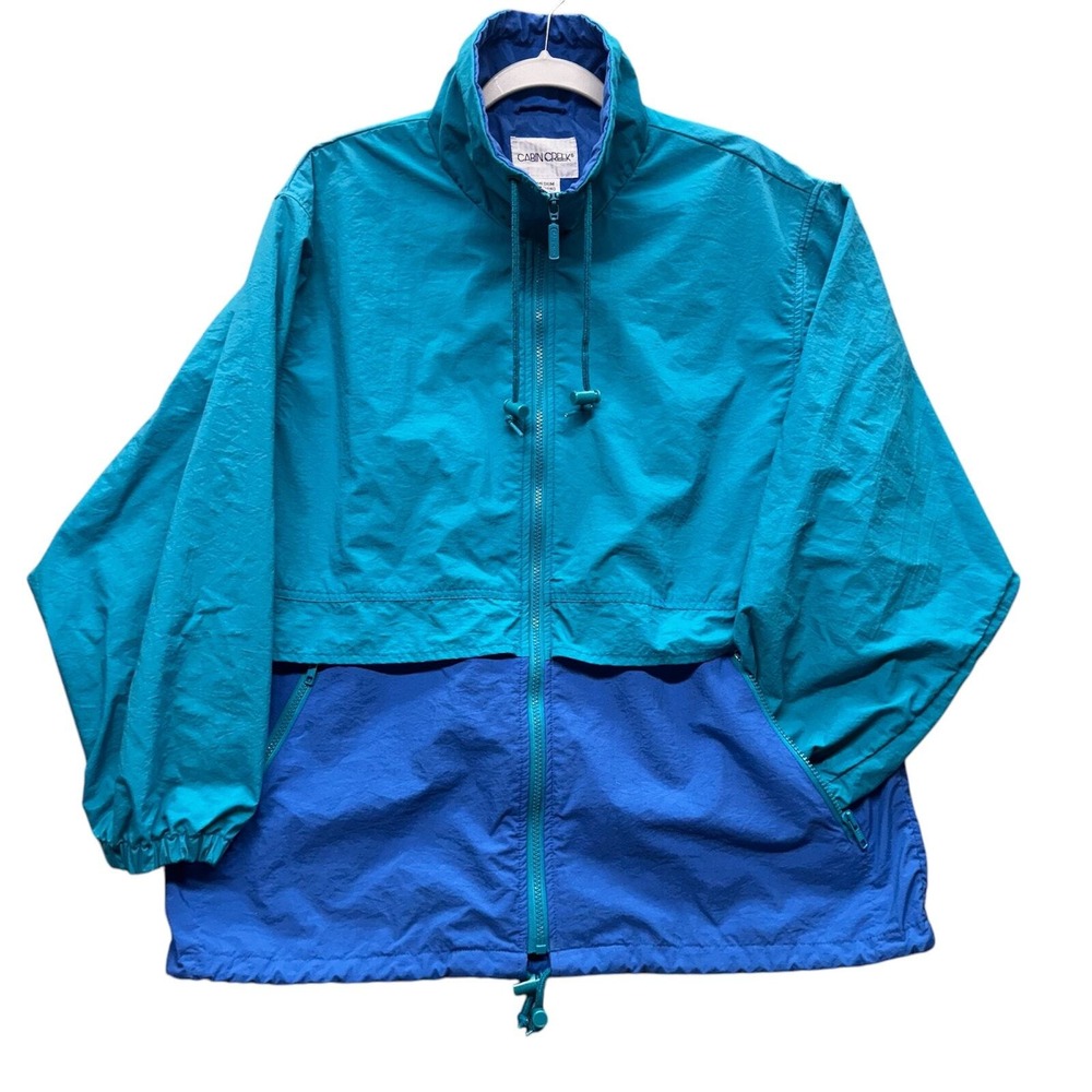 90s Gorpcore Retro Windbreaker Jacket Women M Teal Blue Zip Colorblock Cabincore